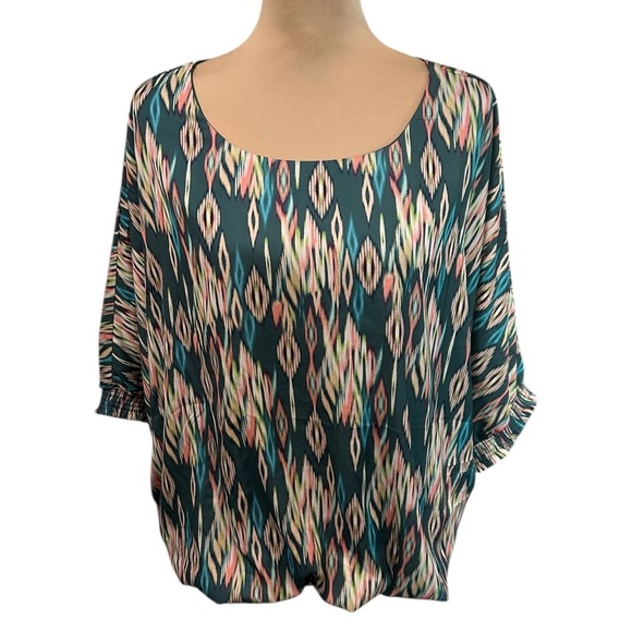 Democracy Women’s Printed Woven Puff-Sleeve Bubble Hem Top - Cypress Green Sz XL - Picture 2 of 11